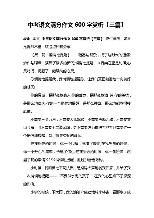 中考语文满分作文600字赏析【三篇】
