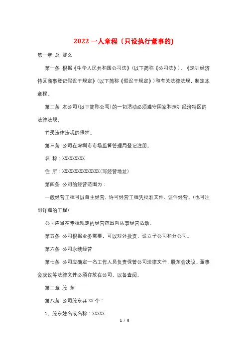 2022一人有限公司章程(只设执行董事的)