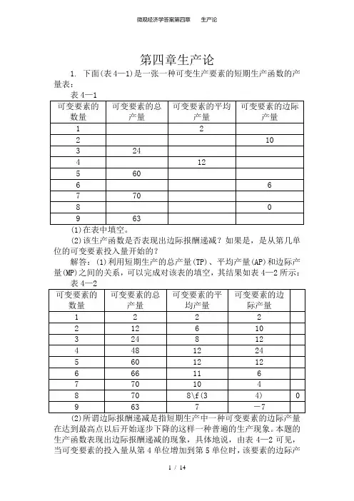 微观经济学答案第四章    生产论