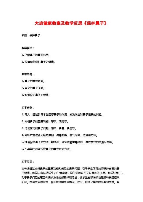 大班健康教案及教学反思《保护鼻子》