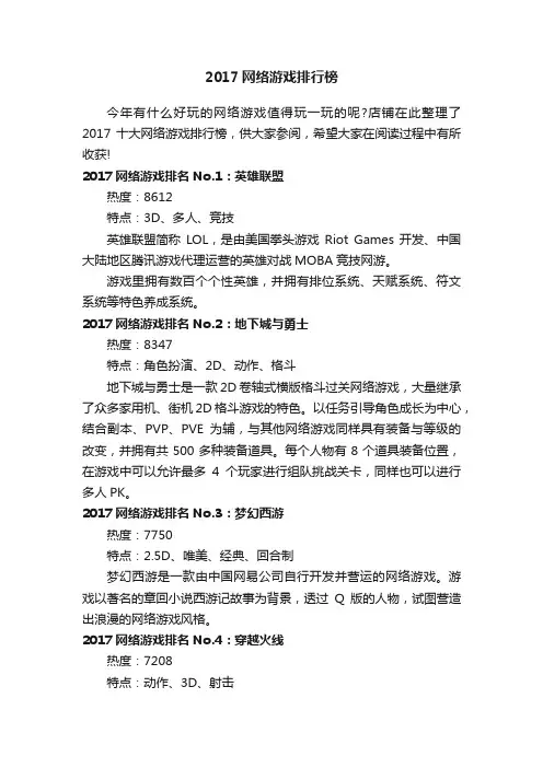 2017网络游戏排行榜