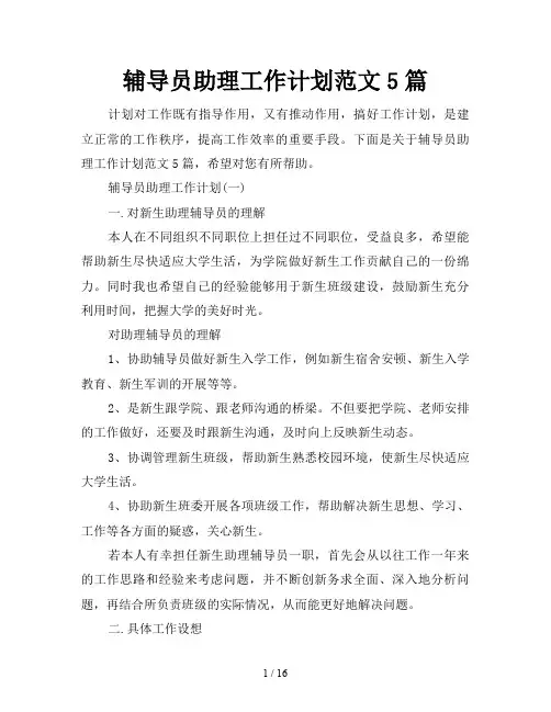 辅导员助理工作计划5篇