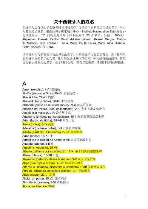 西班牙常用姓名表