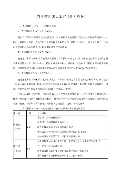 青年教师成长工程计划及指标