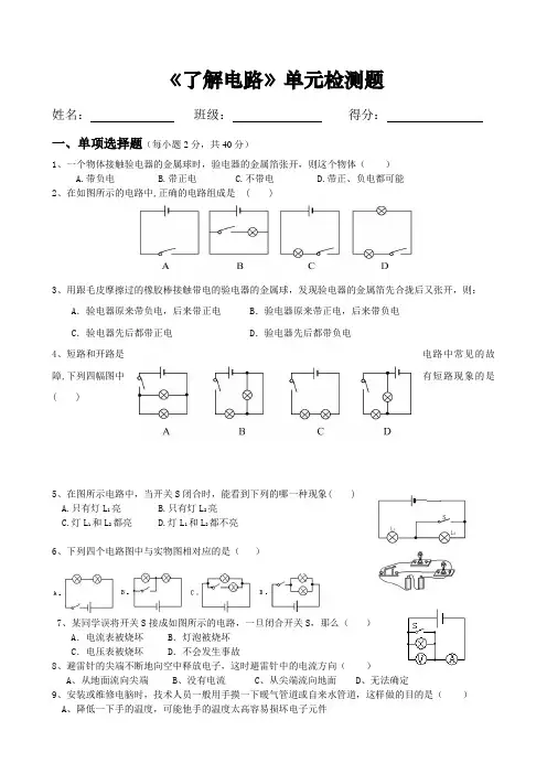 《了解电路》单元检测题