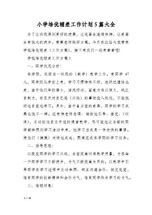 小学培优辅差工作计划5篇大全