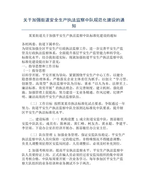 关于加强街道安全生产执法监察中队规范化建设的通知