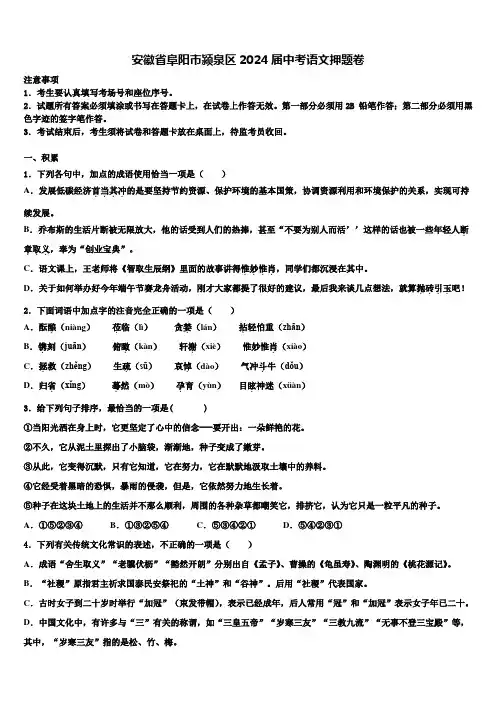 安徽省阜阳市颍泉区2024届中考语文押题卷含解析
