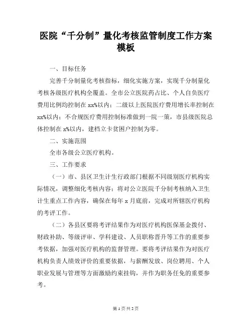 医院“千分制”量化考核监管制度工作方案模板