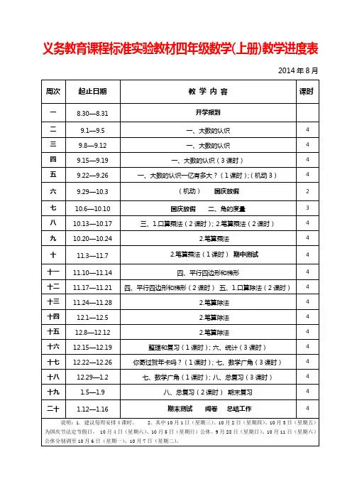 人教版四年级数学上册教学进度安排表教学工作计划2014年秋季四年级数学上册教学进度安排2014至2015第一学期
