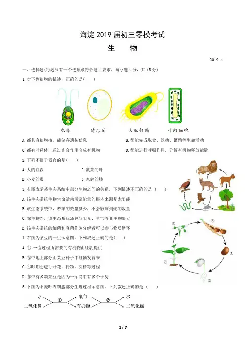 2019.4海淀初三零模生物试题及答案