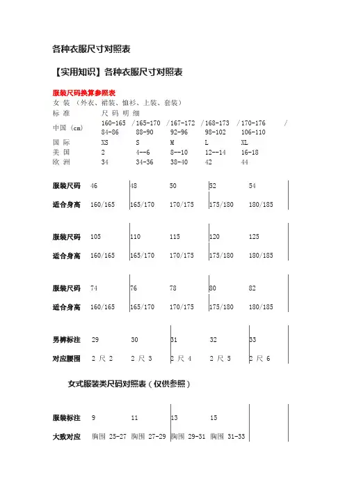 各种衣服尺寸对照表