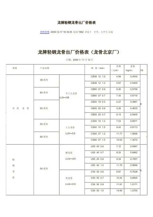 龙牌轻钢龙骨出厂价格表(龙骨北京厂)