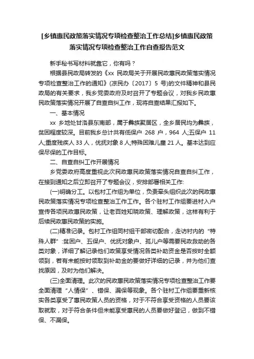 [乡镇惠民政策落实情况专项检查整治工作总结]乡镇惠民政策落实情况专项检查整治工作自查报告范文