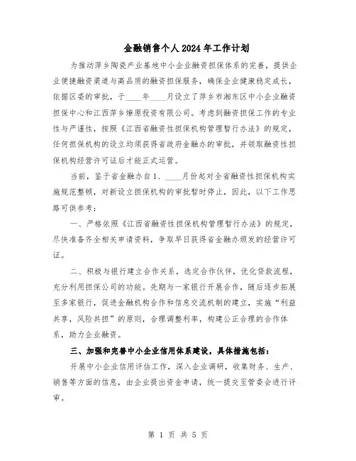 金融销售个人2024年工作计划（3篇）