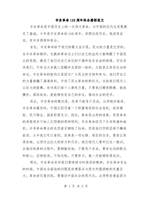 辛亥革命110周年体会感悟范文