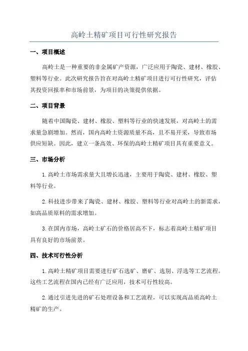高岭土精矿项目可行性研究报告