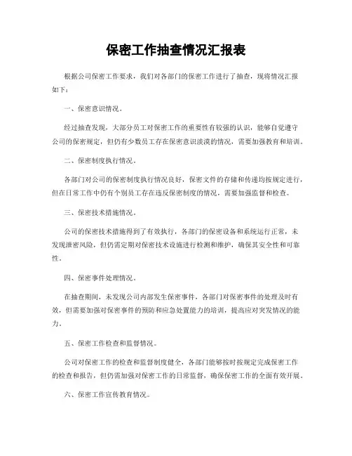 保密工作抽查情况汇报表