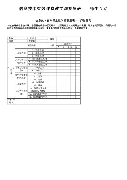 信息技术有效课堂教学观察量表——师生互动