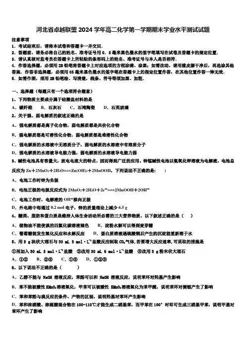 河北省卓越联盟2024学年高二化学第一学期期末学业水平测试试题含解析