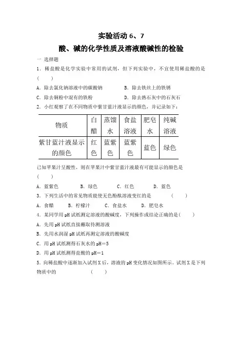 九年级化学人教版下册 实验活动6、7 酸、碱的化学性质及溶液酸碱性的检验 同步练习 有答案