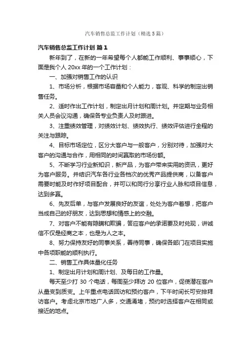 汽车销售总监工作计划（精选5篇）