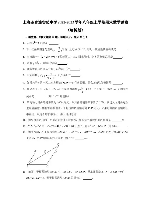 上海市青浦实验中学2022-2023学年八年级上学期期末数学试卷(含解析)