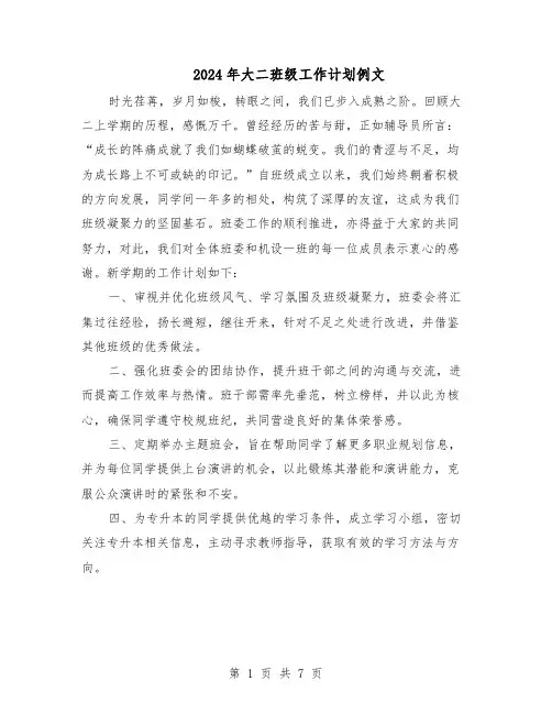 2024年大二班级工作计划例文（3篇）