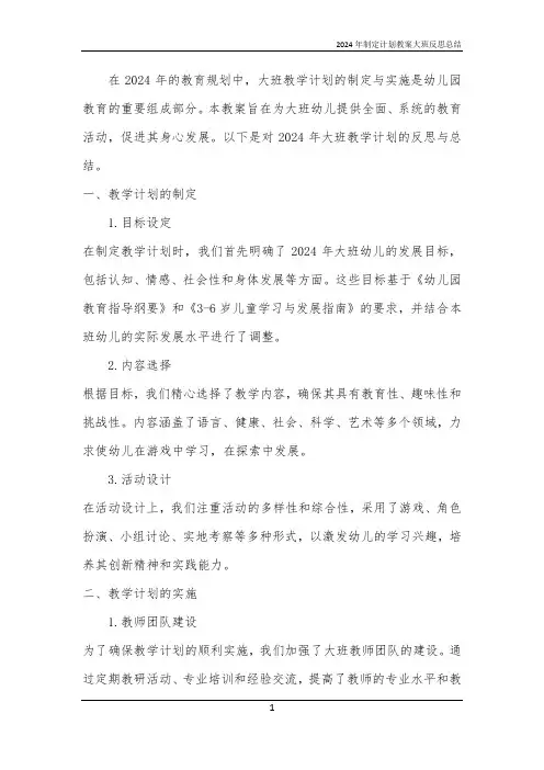 2024年制定计划教案大班反思总结