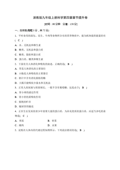 浙教版九年级上册科学第四章章节提升卷及答案
