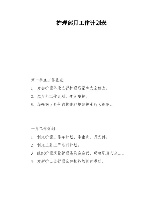 护理部月工作计划表