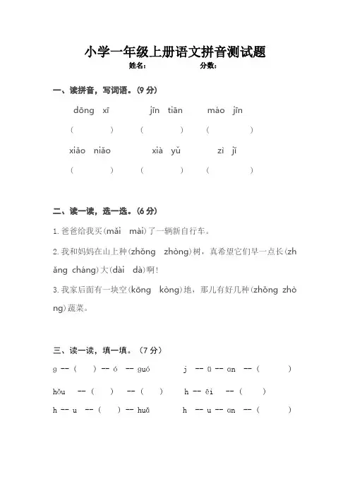小学一年级上册语文拼音测试题