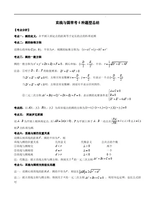 直线与圆常考6种题型总结(解析板)--2024高考数学常考题型精华版