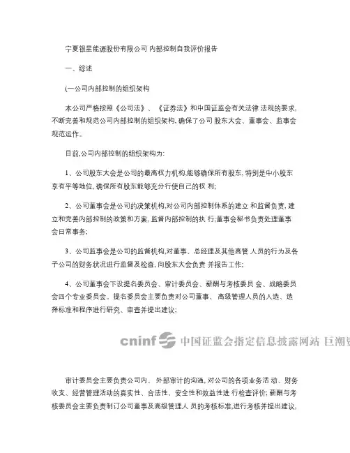 宁夏银星能源股份有限公司内部控制自我评价报告(精)