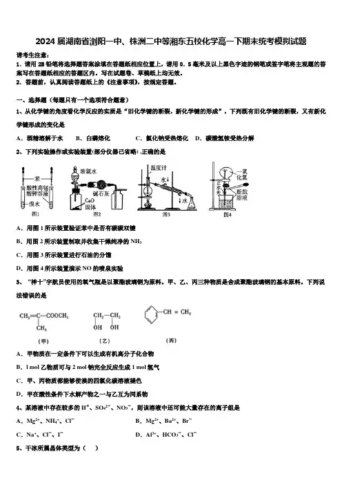 2024届湖南省浏阳一中、株洲二中等湘东五校化学高一下期末统考模拟试题含解析