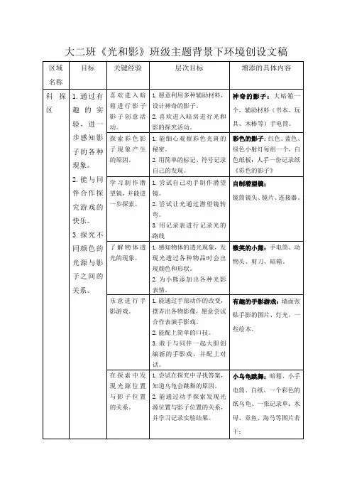 大班《光和影》班级主题背景下环境创设新版