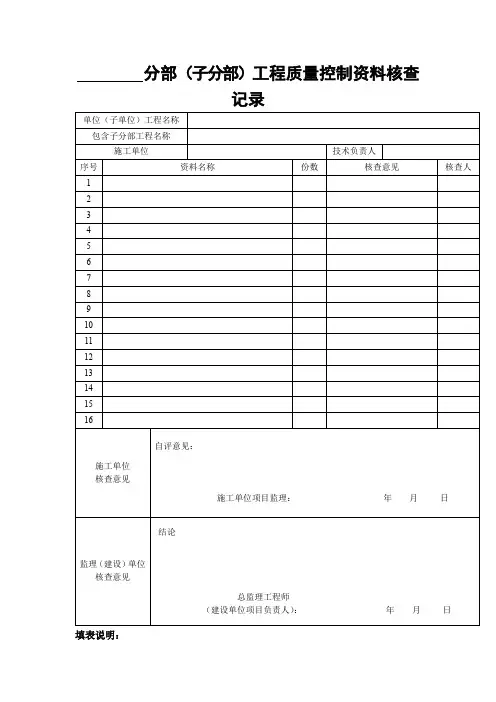 分部(子分部)工程质量控制资料核查记录