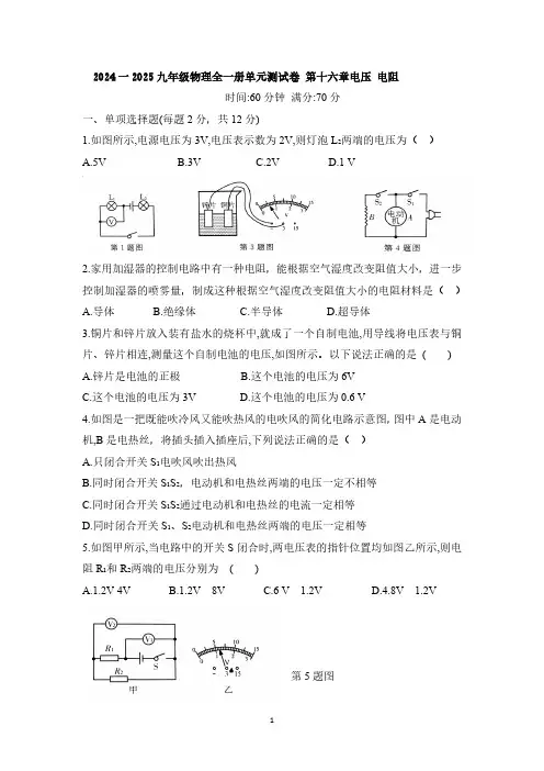 2024一2025九年级物理全一册单元测试卷 第十六章电压 电阻