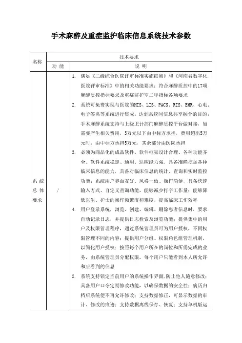 手术麻醉及重症监护临床信息系统技术参数