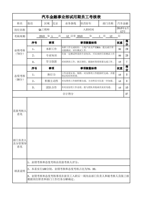 试用期员工考核表(专用)