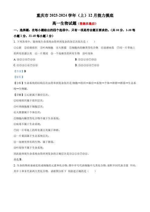 重庆市2023-2024学年高一12月月考生物试题含解析