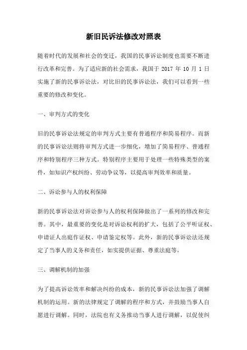 新旧民诉法修改对照表