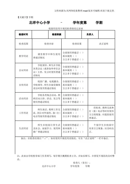 【学期】校园用语用字规范检查记录表