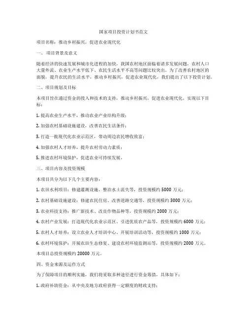 国家项目投资计划书范文
