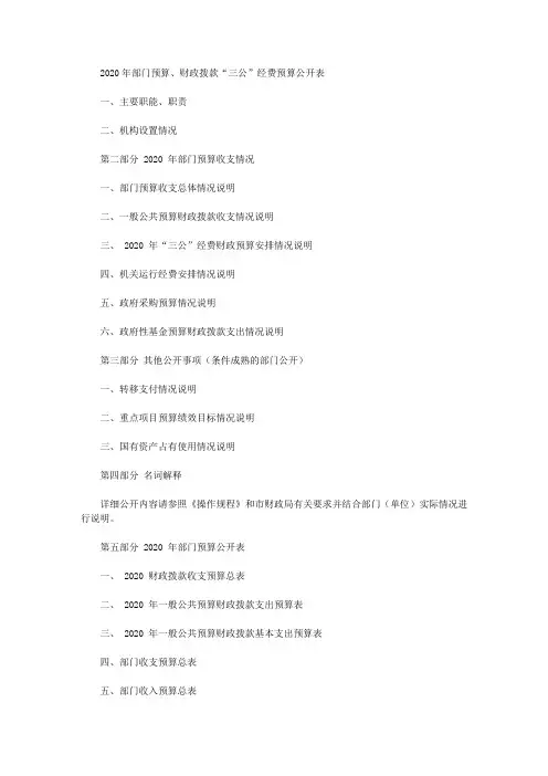2020年部门预算、财政拨款“三公”经费预算公开表