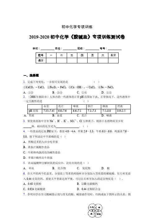 2019-2020学年初中化学《酸碱盐》专项训练模拟测试(含答案) (191)