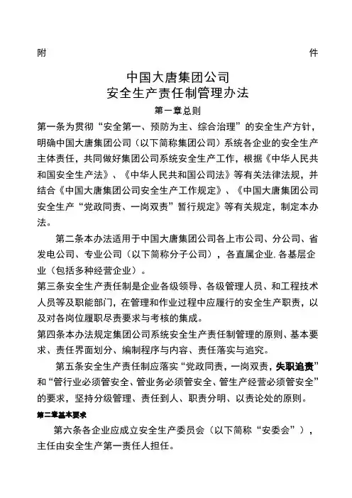 中国大唐集团公司安全生产责任制管理办法版