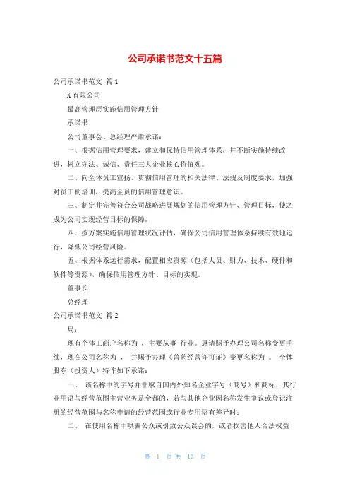 公司承诺书范文十五篇