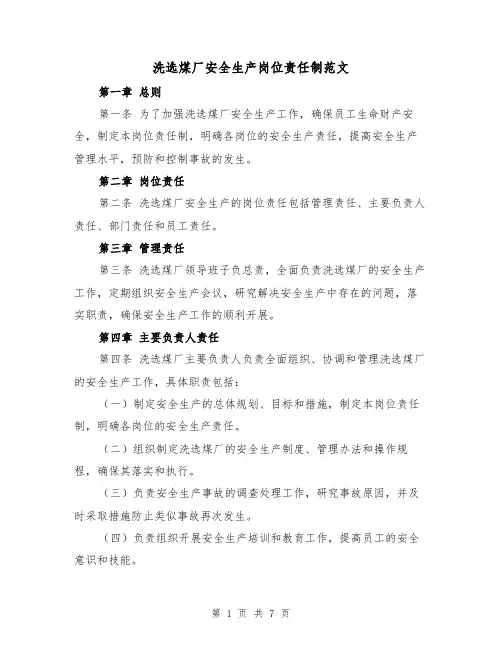 洗选煤厂安全生产岗位责任制范文（4篇）