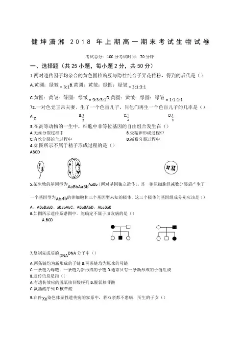 人教版必修二生物期末试卷附答案